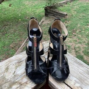 Michael Kors Black Patent Leather Vixen Heels 4" Chunky Zipper Strappy  9M